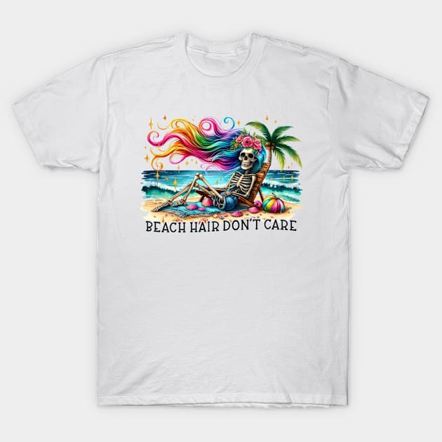 Beach Hair Don't Care Skeleton Tropical Scene Ocean T-Shirt by ThatVibe